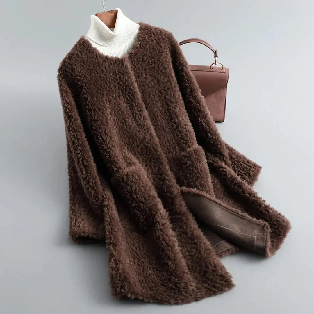 Shearling Fur Coat for Women Mocha Brown