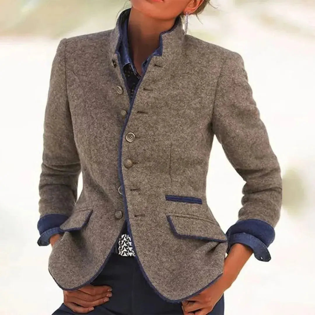 Women's Stand-Collar Blazer with Contrast Trim-MODAUTLET