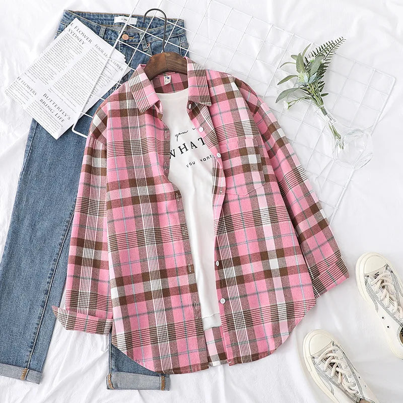 Women's Casual Cotton Long Sleeve Flannel Plaid Shirt for Women-MODAUTLET