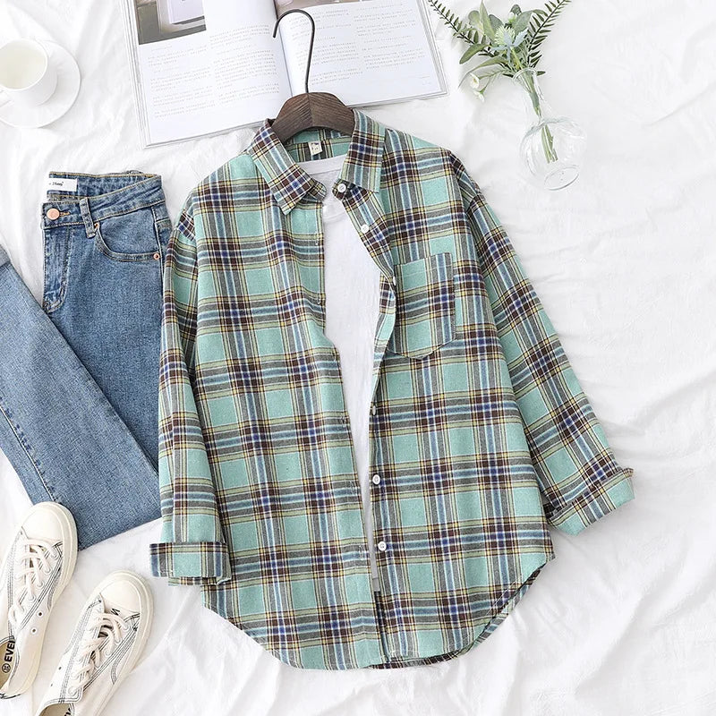 Women's Casual Cotton Long Sleeve Flannel Plaid Shirt for Women-MODAUTLET