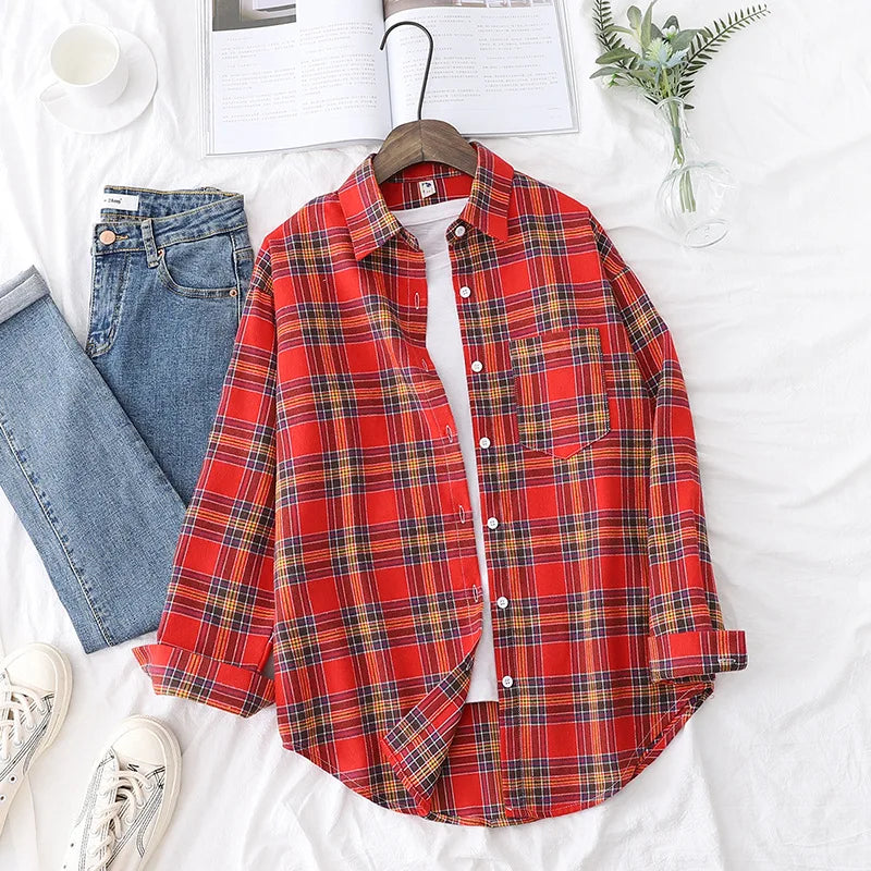 Women's Casual Cotton Long Sleeve Flannel Plaid Shirt for Women-MODAUTLET