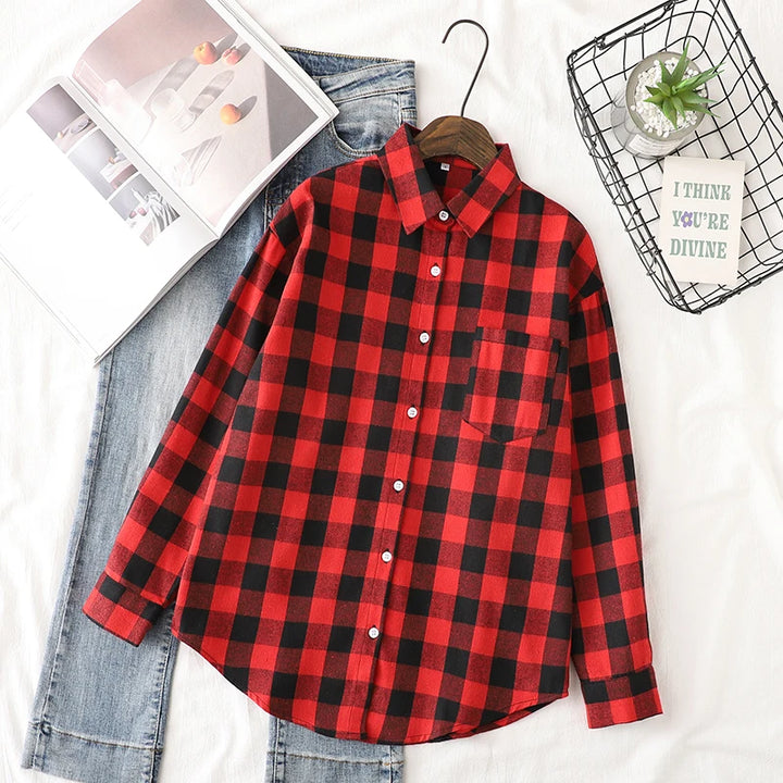Women's Casual Cotton Long Sleeve Flannel Plaid Shirt for Women-MODAUTLET