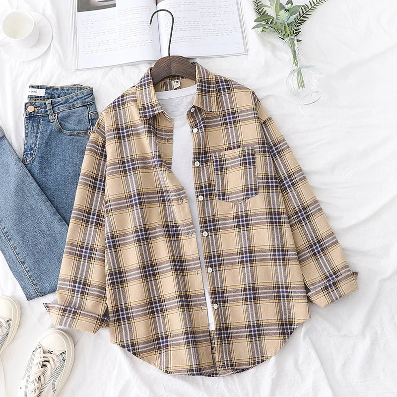 Women's Casual Cotton Long Sleeve Flannel Plaid Shirt for Women-MODAUTLET