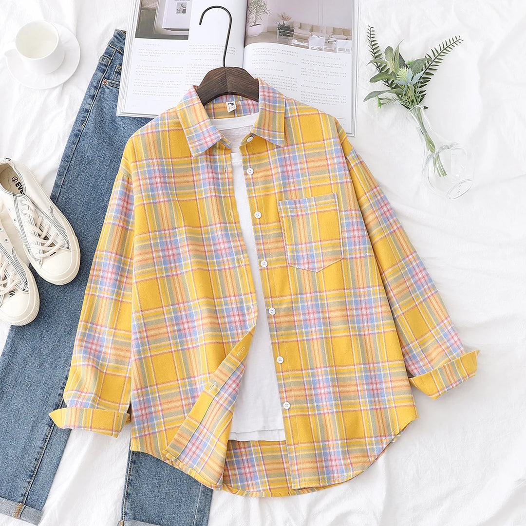Women's Casual Cotton Long Sleeve Flannel Plaid Shirt for Women-MODAUTLET