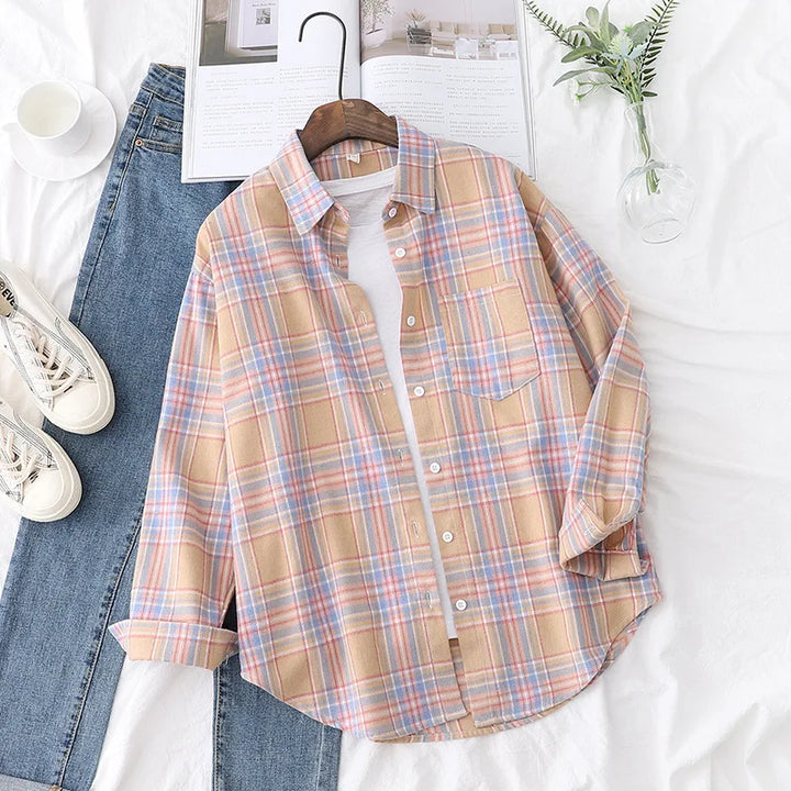 Women's Casual Cotton Long Sleeve Flannel Plaid Shirt for Women-MODAUTLET