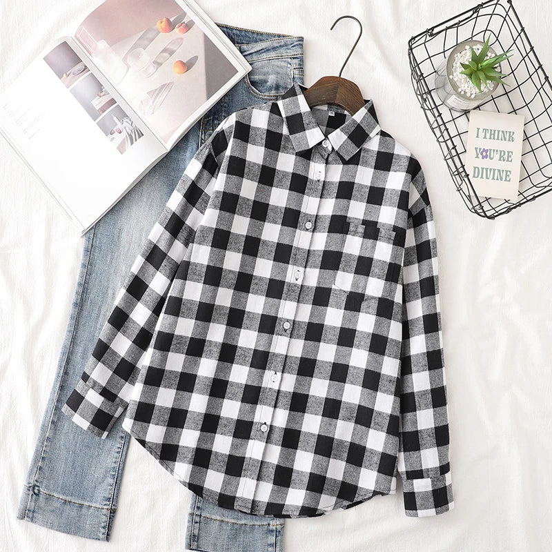 Women's Casual Cotton Long Sleeve Flannel Plaid Shirt for Women-MODAUTLET