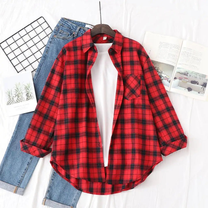 Women's Casual Cotton Long Sleeve Flannel Plaid Shirt for Women-MODAUTLET