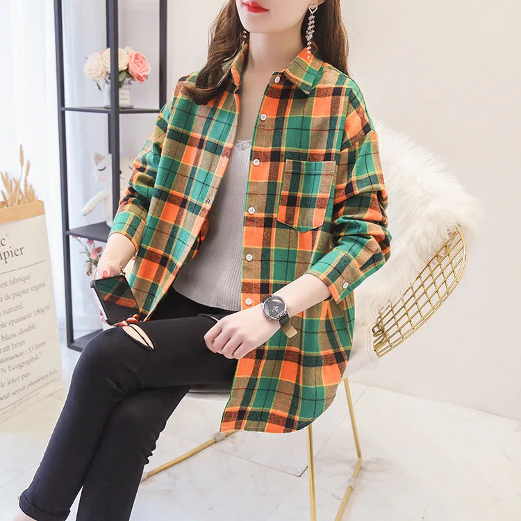 Women's Casual Cotton Long Sleeve Flannel Plaid Shirt for Women-MODAUTLET