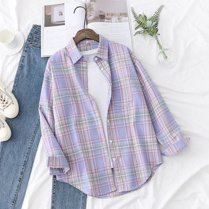 Women's Casual Cotton Long Sleeve Flannel Plaid Shirt for Women-MODAUTLET