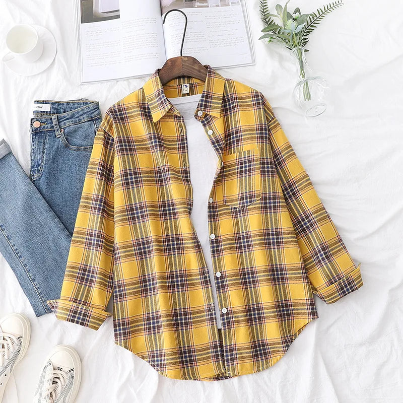 Women's Casual Cotton Long Sleeve Flannel Plaid Shirt for Women-MODAUTLET
