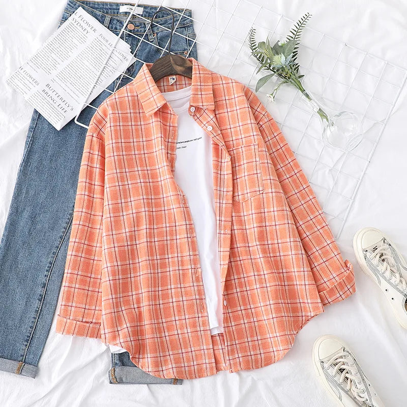 Women's Casual Cotton Long Sleeve Flannel Plaid Shirt for Women-MODAUTLET