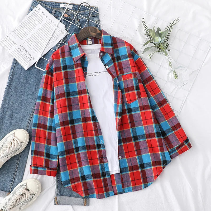 Women's Casual Cotton Long Sleeve Flannel Plaid Shirt for Women-MODAUTLET