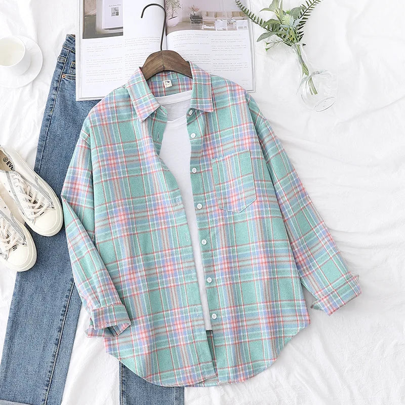 Women's Casual Cotton Long Sleeve Flannel Plaid Shirt for Women-MODAUTLET