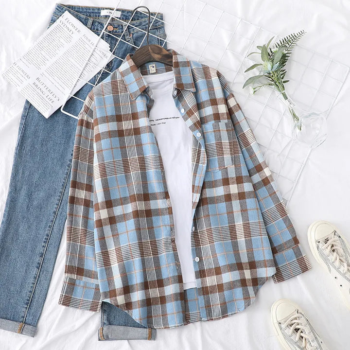 Women's Casual Cotton Long Sleeve Flannel Plaid Shirt for Women-MODAUTLET
