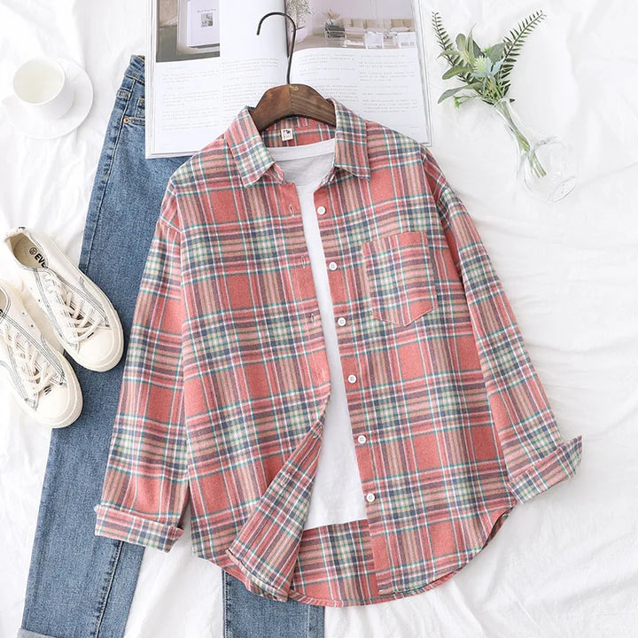 Women's Casual Cotton Long Sleeve Flannel Plaid Shirt for Women-MODAUTLET