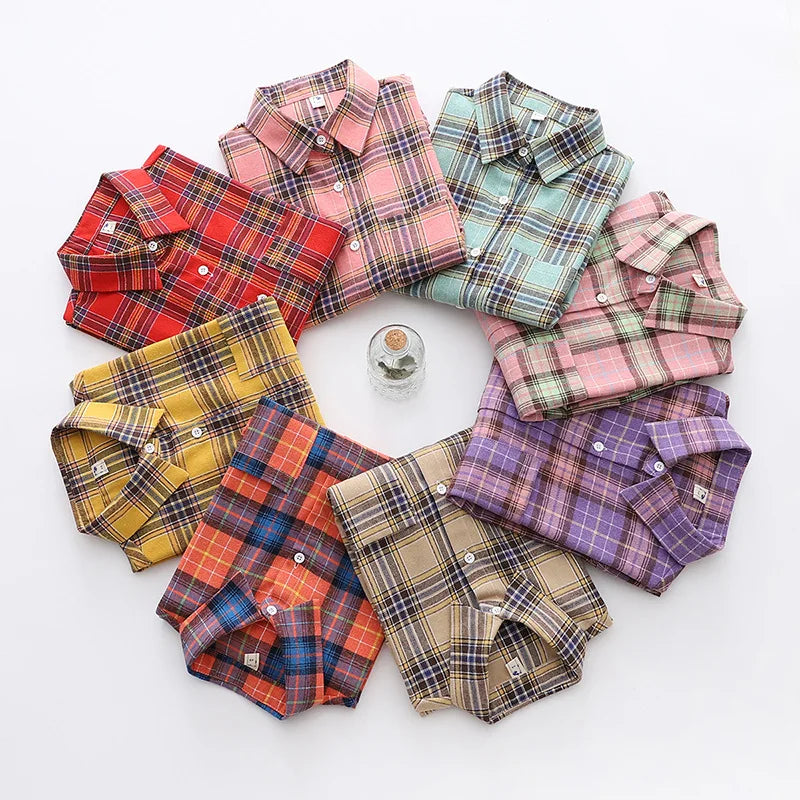 Women's Casual Cotton Long Sleeve Flannel Plaid Shirt for Women-MODAUTLET