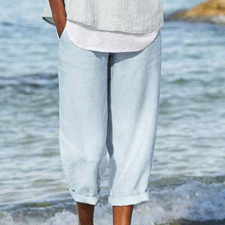 Women's Casual Cropped Linen Capri Pants Blue