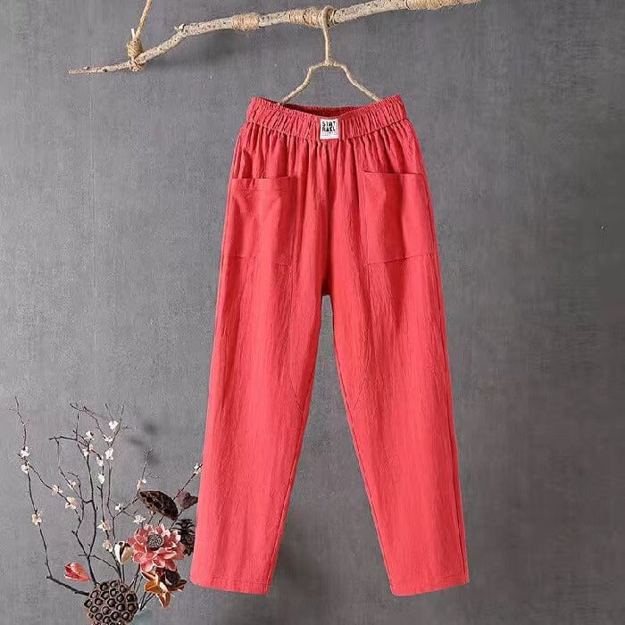 Women's Casual Linen Blend Pants with Elastic Waistband Red