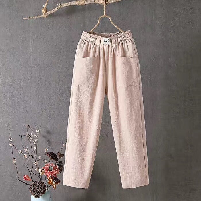 Women's Casual Linen Blend Pants with Elastic Waistband Khaki