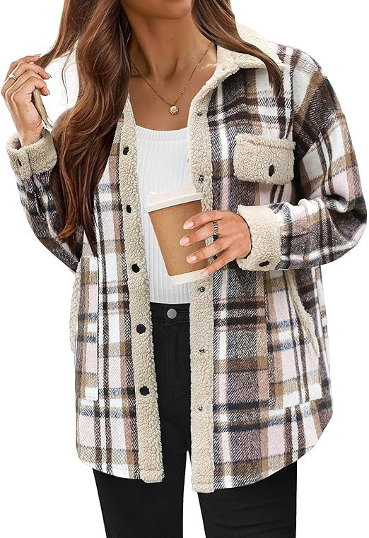 Women's Cozy Plaid Fleece Jacket Pink