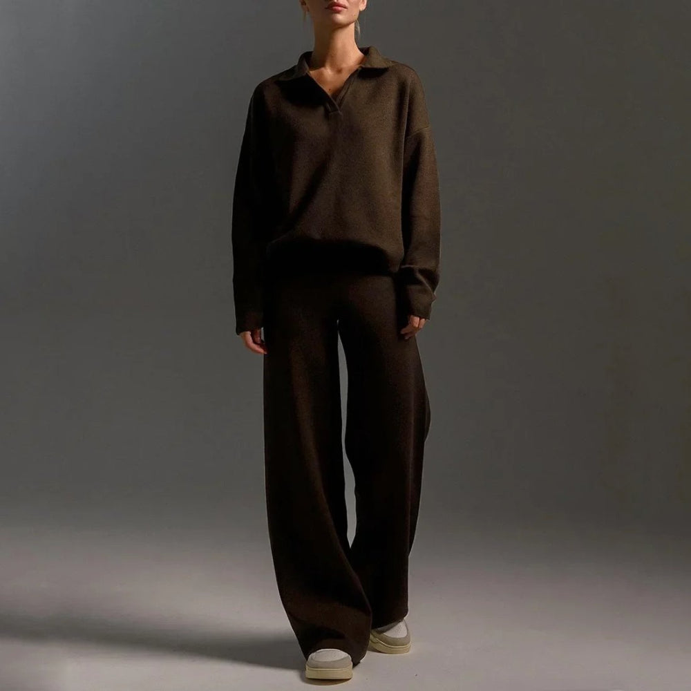 Women's Cozy Relaxed Fit V-Neck Sweater and Wide-Leg Pants Set Brown