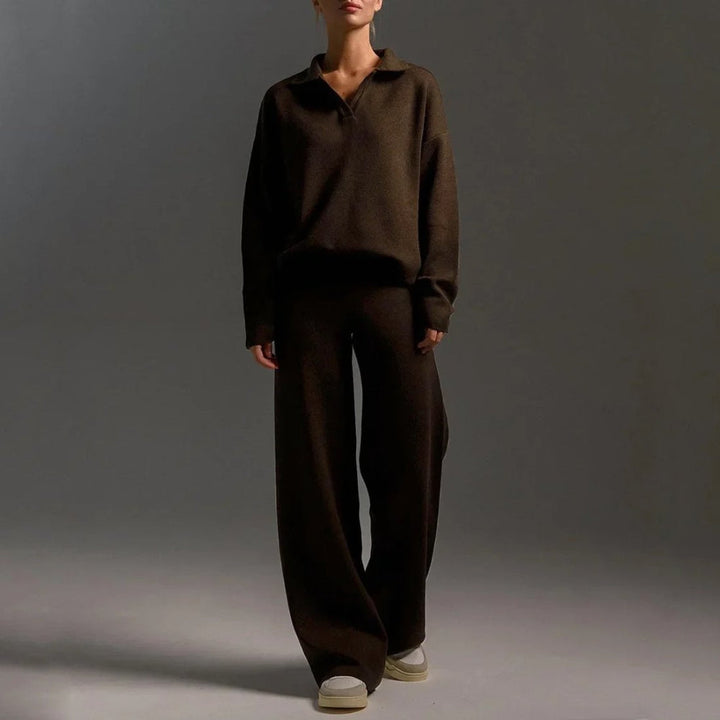 Women's Cozy Relaxed Fit V-Neck Sweater and Wide-Leg Pants Set Brown