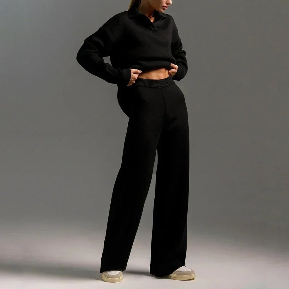 Women's Cozy Relaxed Fit V-Neck Sweater and Wide-Leg Pants Set