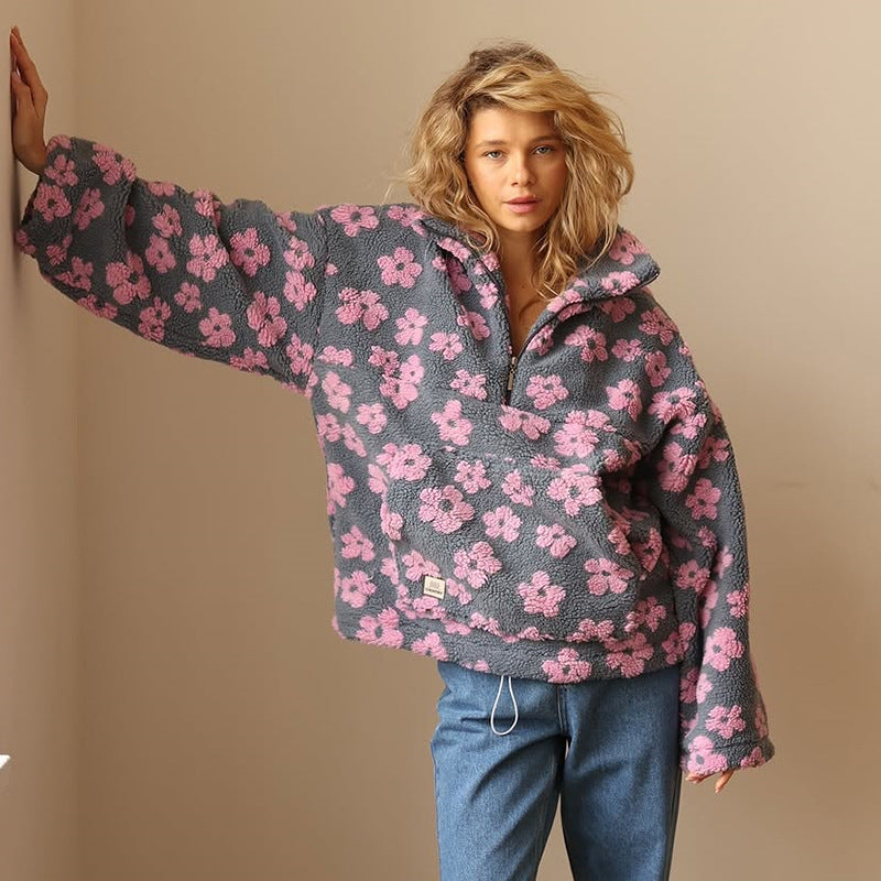 Women’s Daisy Fleece Sweater – Soft Floral Pullover for Cozy Winter Comfort-MODAUTLET