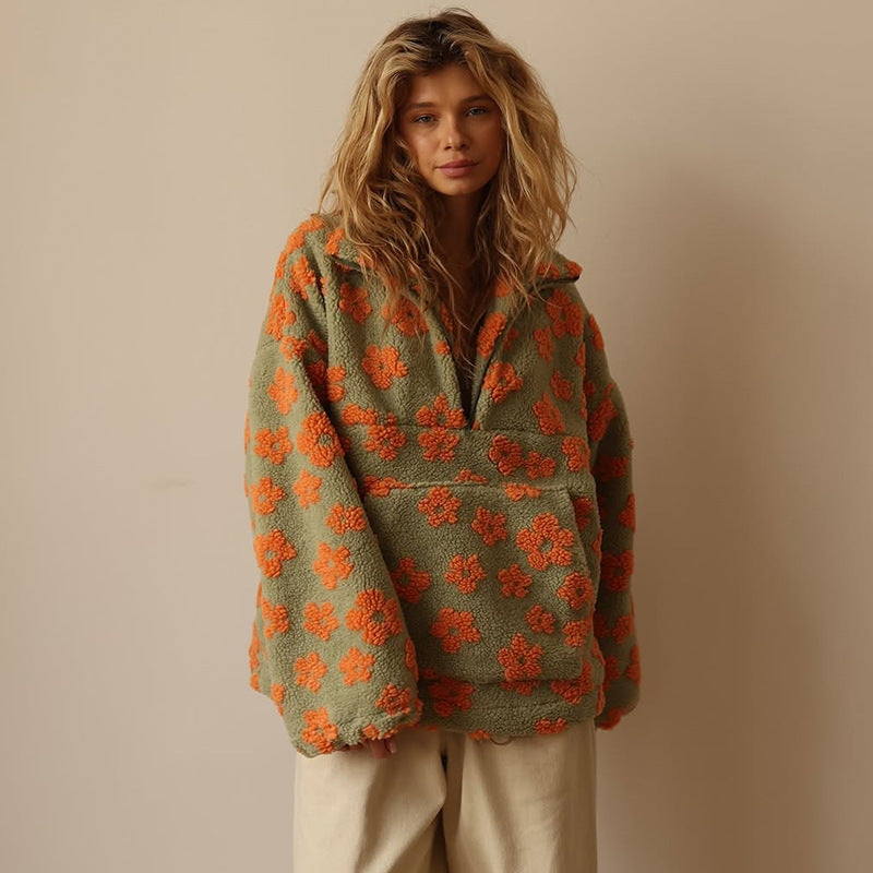Women’s Daisy Fleece Sweater – Soft Floral Pullover for Cozy Winter Comfort-MODAUTLET