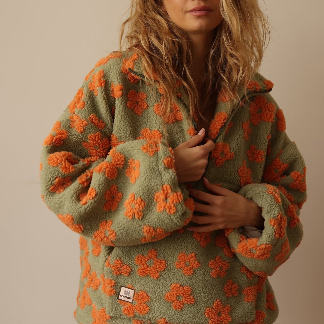 Women’s Daisy Fleece Sweater – Soft Floral Pullover for Cozy Winter Comfort-MODAUTLET