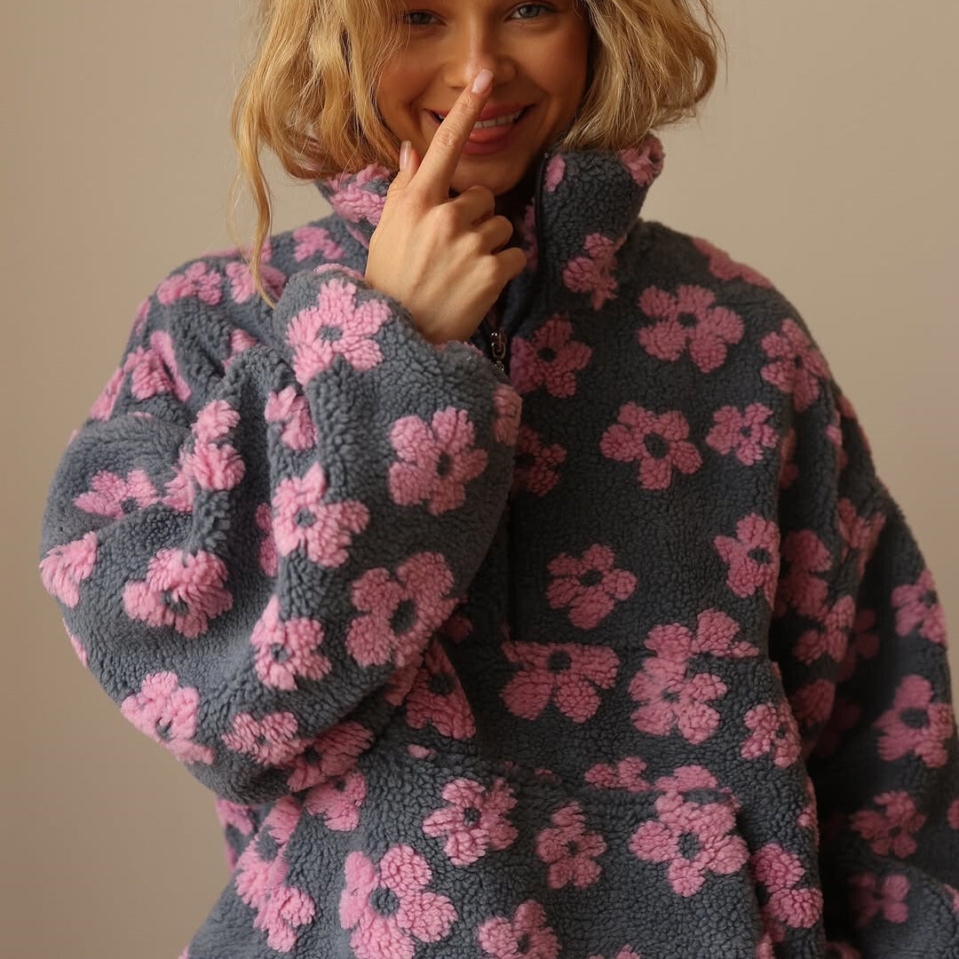 Women’s Daisy Fleece Sweater – Soft Floral Pullover for Cozy Winter Comfort-MODAUTLET