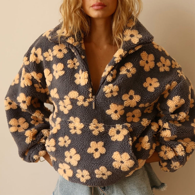 Women’s Daisy Fleece Sweater – Soft Floral Pullover for Cozy Winter Comfort-MODAUTLET