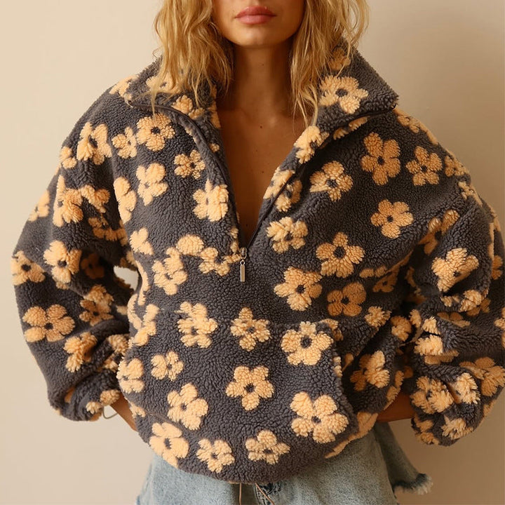 Women’s Daisy Fleece Sweater – Soft Floral Pullover for Cozy Winter Comfort-MODAUTLET