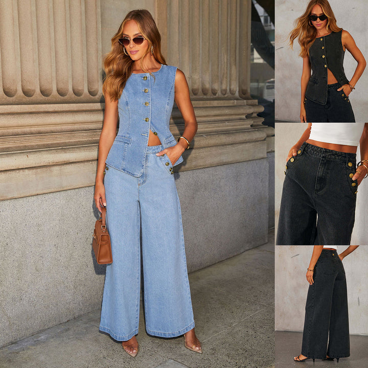 Women’s Denim Vest & Wide‑Leg Trousers Set