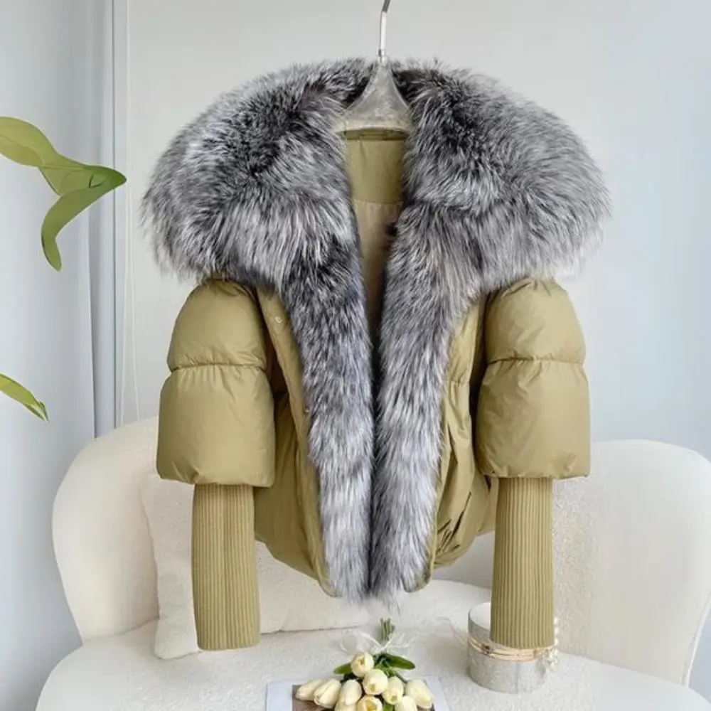 Women's Down Fur Puffer Jacket - Aurora Style Army Green