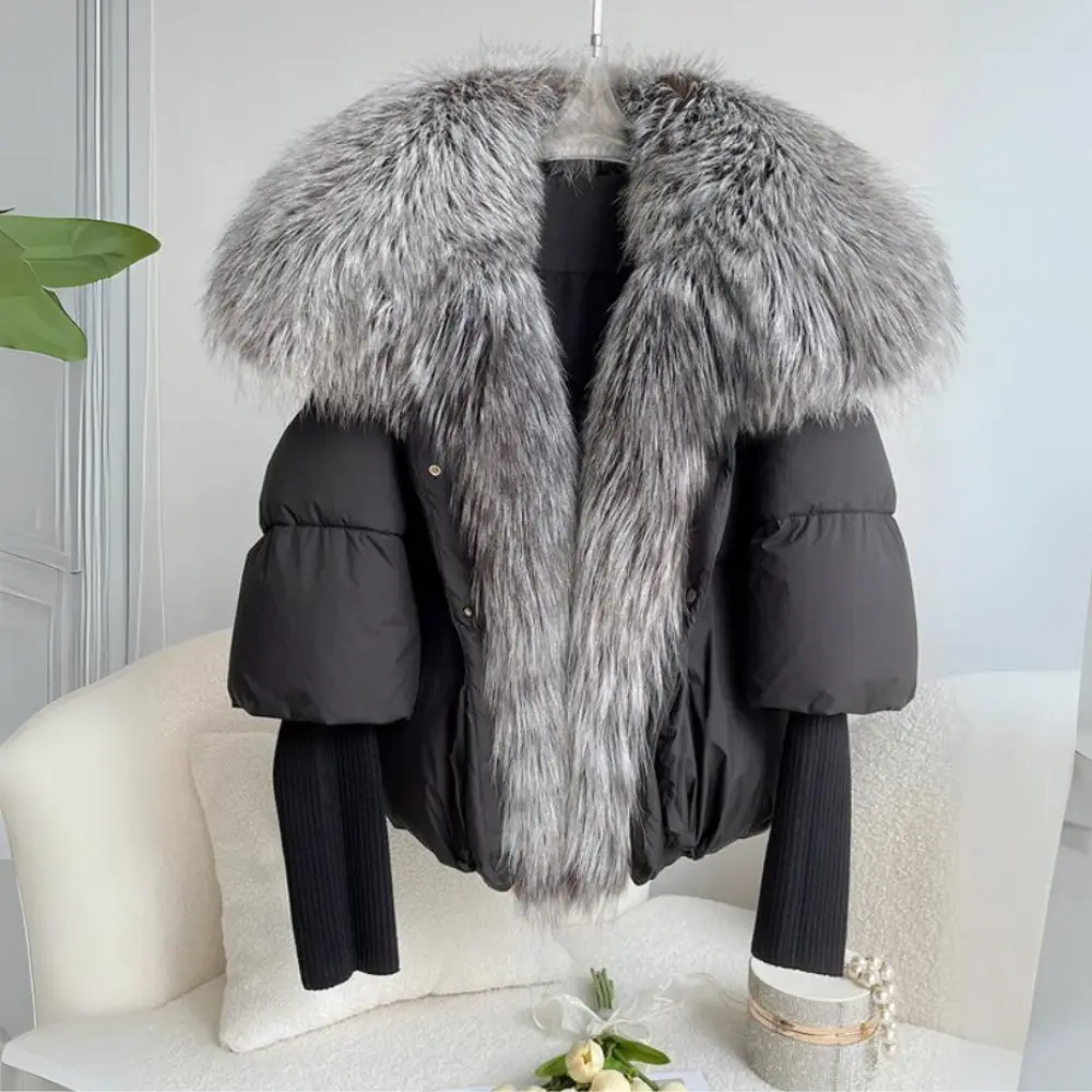 Women's Down Fur Puffer Jacket - Aurora Style Black