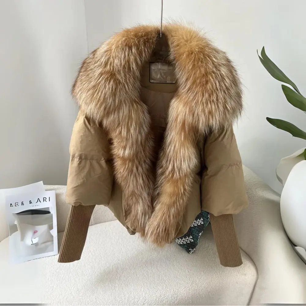 Women's Down Fur Puffer Jacket - Aurora Style Khaki