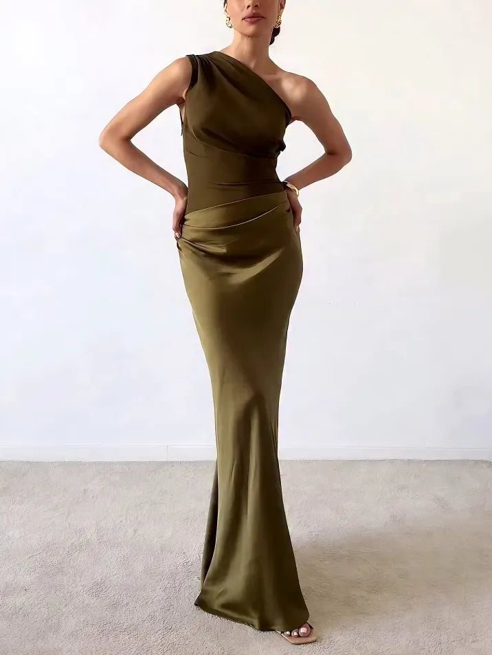 Women's Elegant One Shoulder Neck Pleated Party Maxi Dress Dark Green