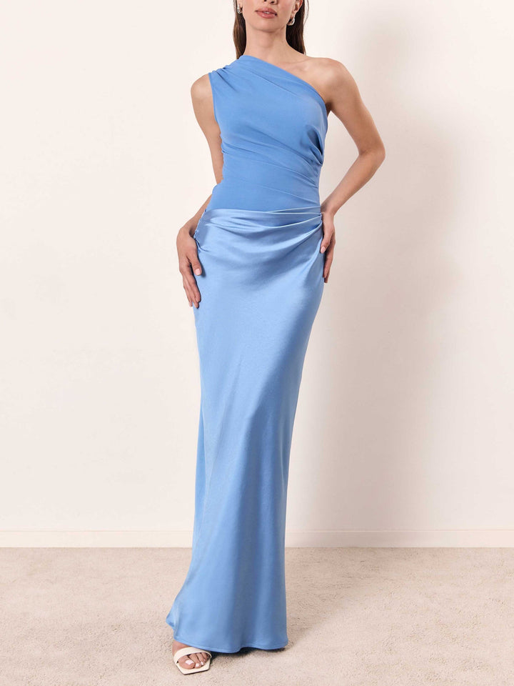 Women's Elegant One Shoulder Neck Pleated Party Maxi Dress Blue