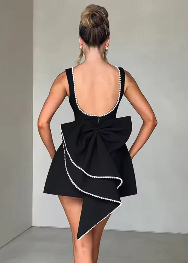 Women's Elegant Pearl Embellished Mini Dress – Chic & Sophisticated Style Black