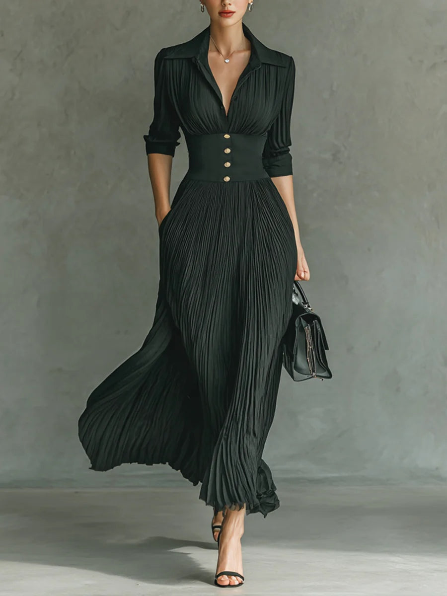 Women's Elegant Pleated Lapel Waist Maxi Dress Black