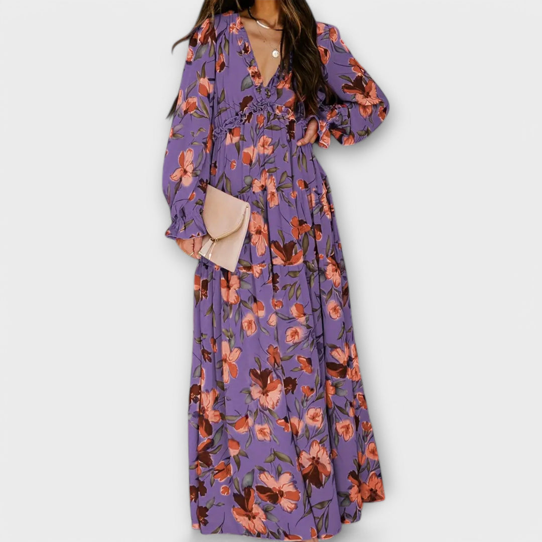 Women's Floral V-Neck Maxi Dress Dark Purple