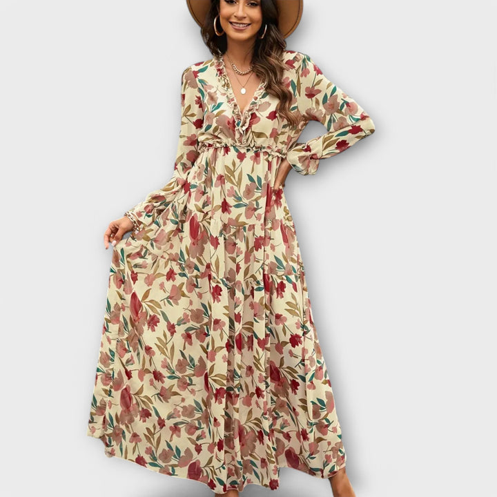 Women's Floral V-Neck Maxi Dress Apricot