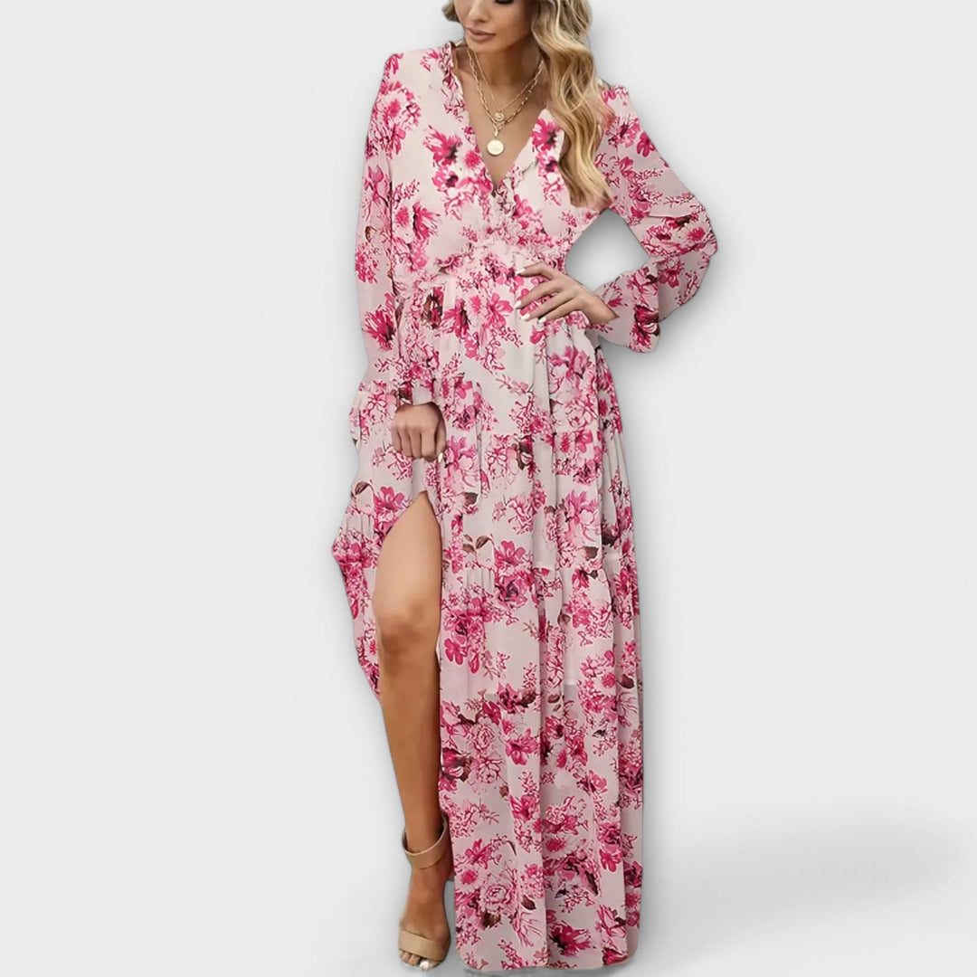 Women's Floral V-Neck Maxi Dress Pink-Grey