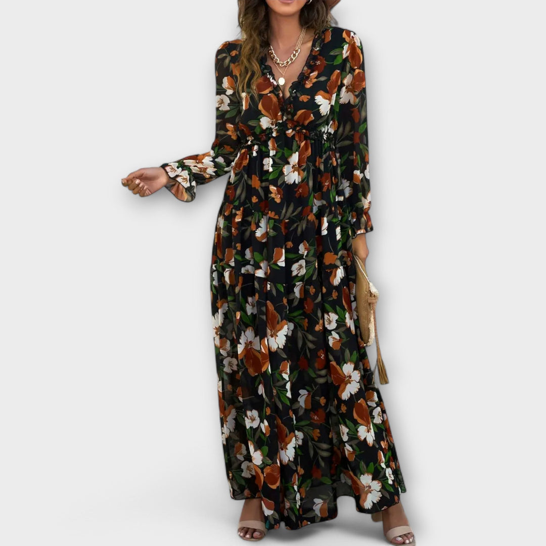 Women's Floral V-Neck Maxi Dress Black