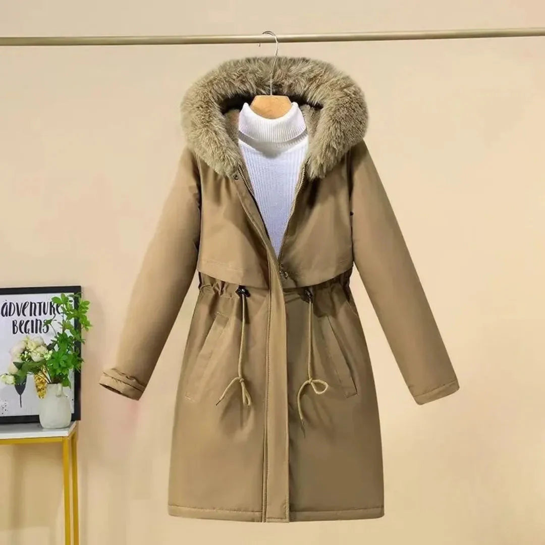 Women's Hooded Faux-Fur Long Winter Coat Beige