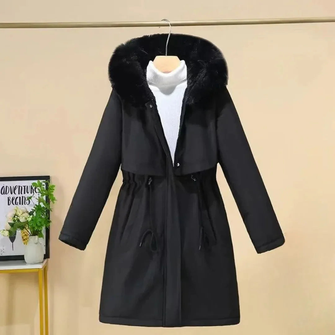 Women's Hooded Faux-Fur Long Winter Coat Black