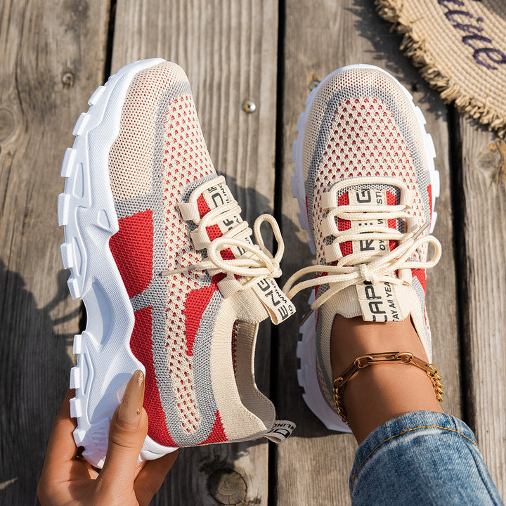 Women's Lightweight Flyknit Mesh Lace-Up Sneakers Khaki Red Gray