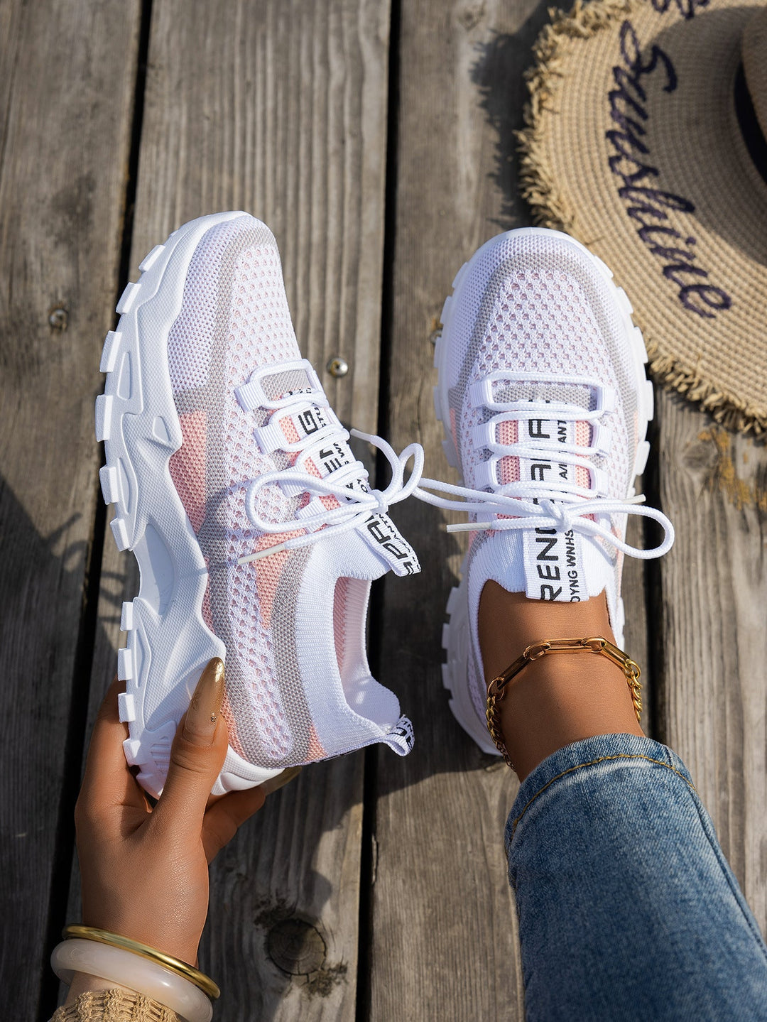 Women's Lightweight Flyknit Mesh Lace-Up Sneakers White Ash Gray