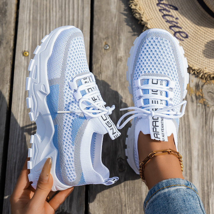 Women's Lightweight Flyknit Mesh Lace-Up Sneakers White Blue Gray